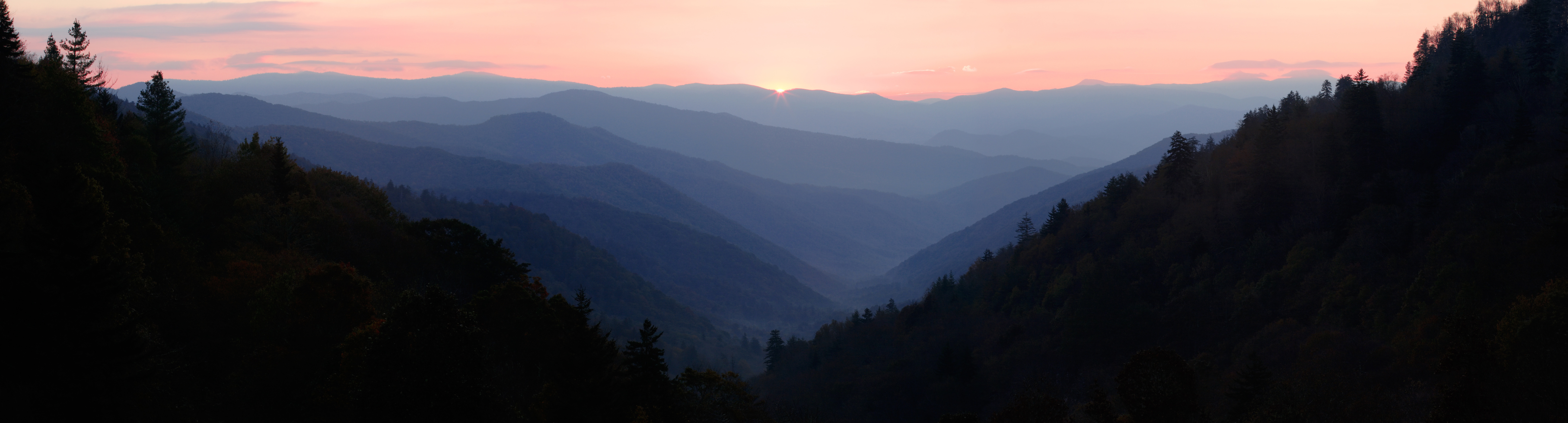 First Sun Light over Mountain Valley - Panorama.  Smoky Mountains National Park, Tennessee
